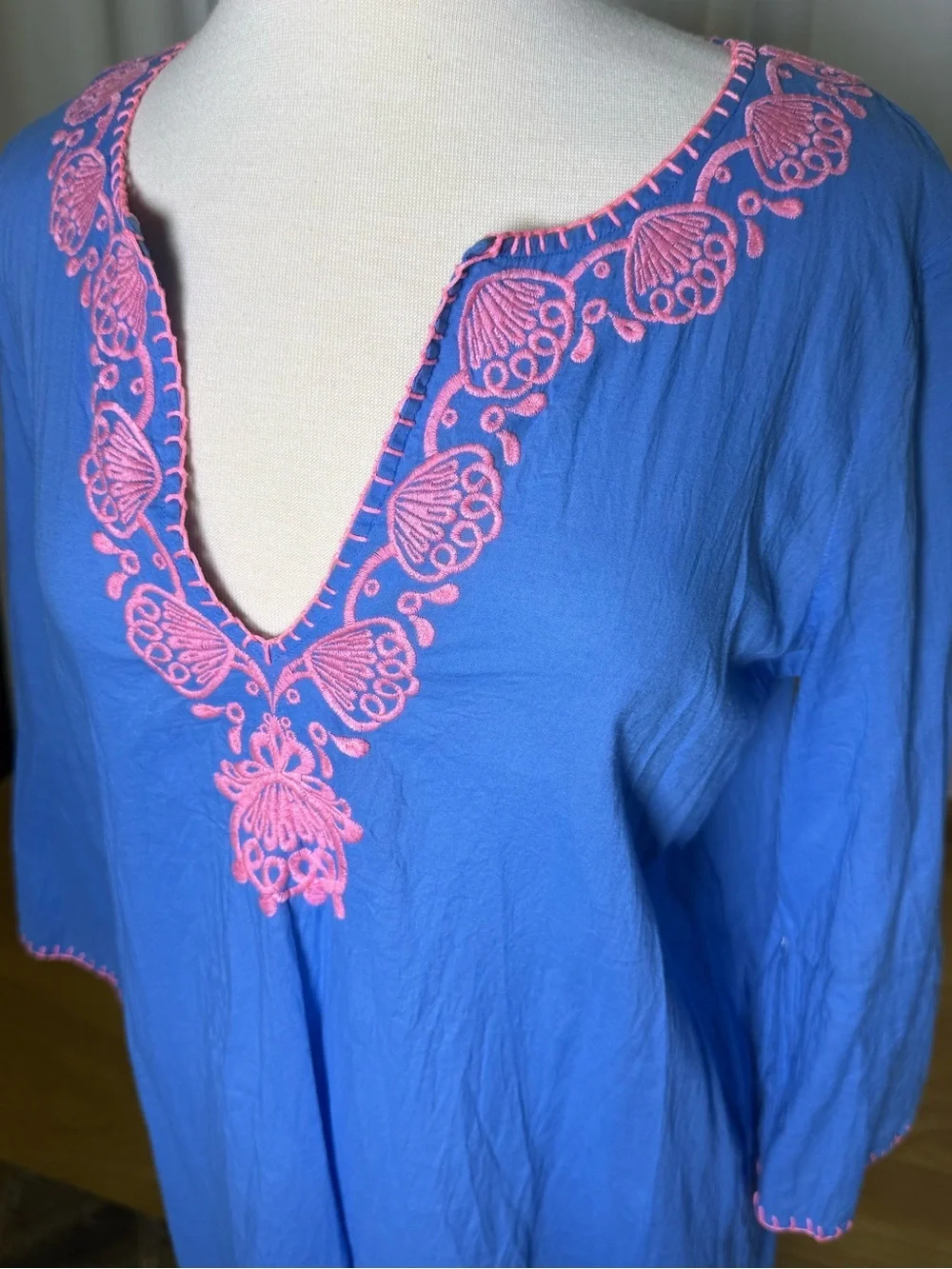 Lilly Pulitzer Beach Cover Up 3/4 sleeve Cotton Tunic in Blue Pink Size Medium